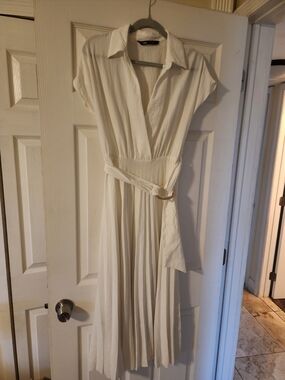 Zara Cream Collared Belted Midi Dress